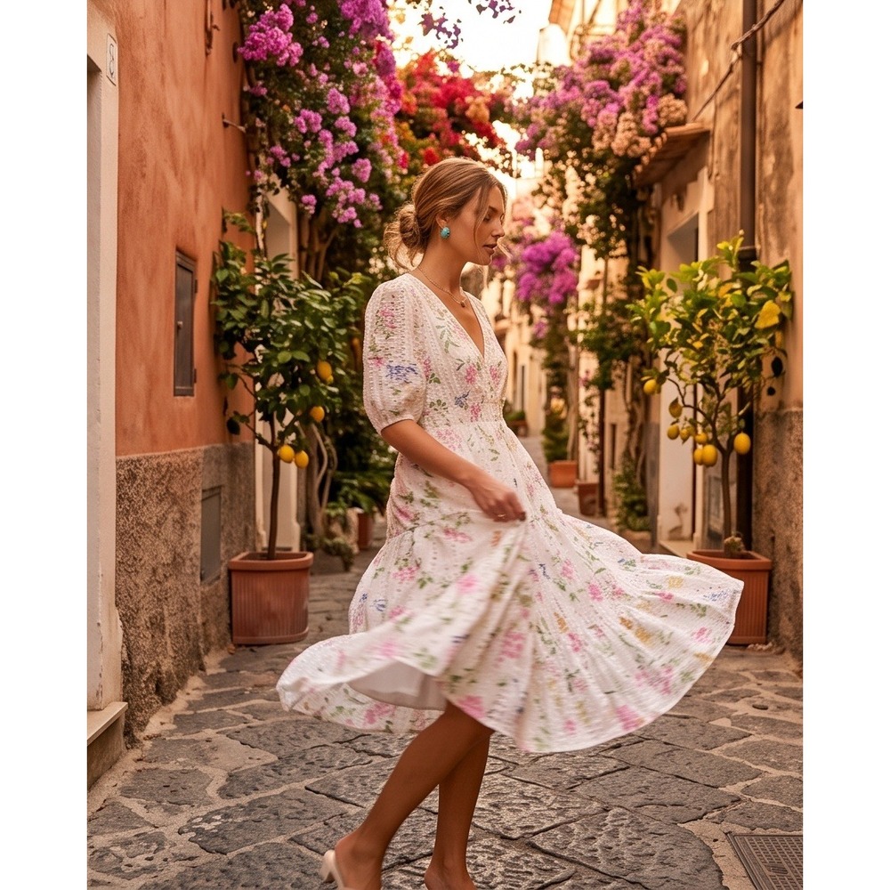 CITY Studio XL Floral Eyelet Puff Sleeve V-Neck Midi Dress White Pink Green NEW